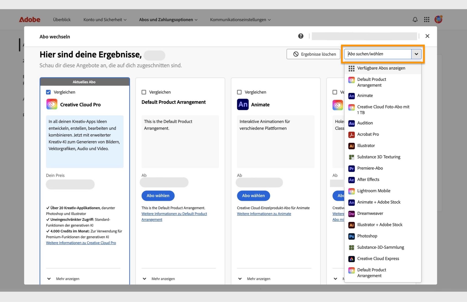 Im Fenster „Abo wechseln“ werden das aktuelle Abo und einige empfohlene Abos angezeigt. Zudem findest du hier Optionen, um ein Abo auszuwählen, Abos zu vergleichen, weitere Empfehlungen anzuzeigen, ein Abo zu suchen und ein Abo in einem Dropdown-Menü auszuwählen. 