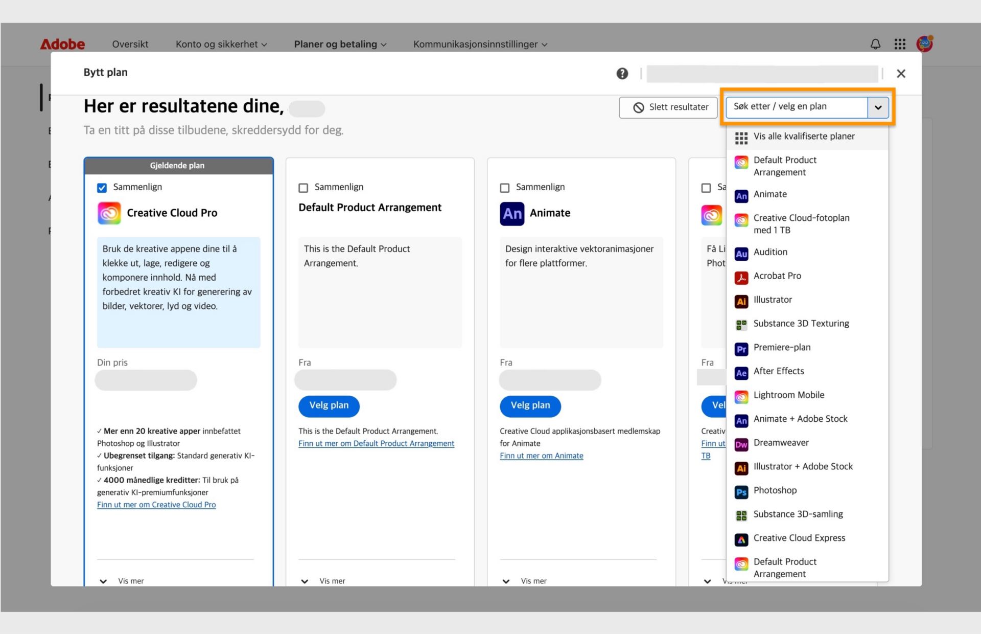 Bytt plan-vinduet viser nåværende plan, noen anbefalte planer og alternativer for å velge en plan, sammenligne planer, vise flere anbefalinger, søke etter en plan og velge en plan ved hjelp av rullegardinmenyen. 