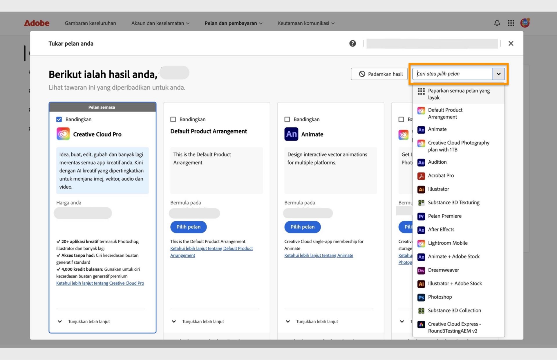Tetingkap tukar pelan anda menunjukkan pelan semasa, beberapa pelan yang dicadangkan dan pilihan untuk memilih pelan, membandingkan pelan, menunjukkan lebih banyak cadangan, mencari pelan dan memilih pelan menggunakan menu lungsur. 