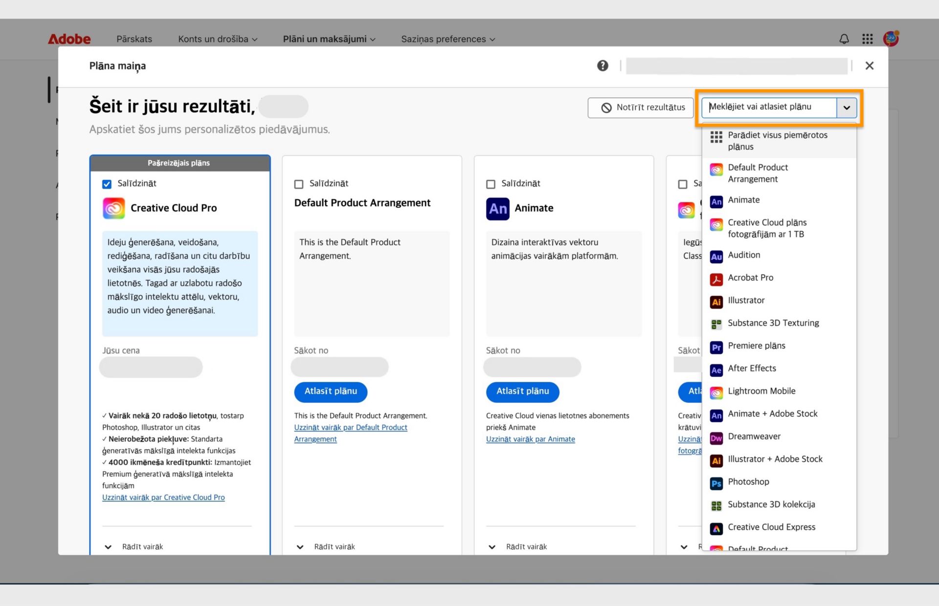 Logs Plāna maiņa, kurā tiek rādīts pašreizējais plāns, daži ieteicamie plāni un iespējas, lai atlasītu plānu, salīdzinātu plānus, rādītu citus ieteikumus, meklētu plānu un atlasītu plānu, izmantojot nolaižamo izvēlni. 