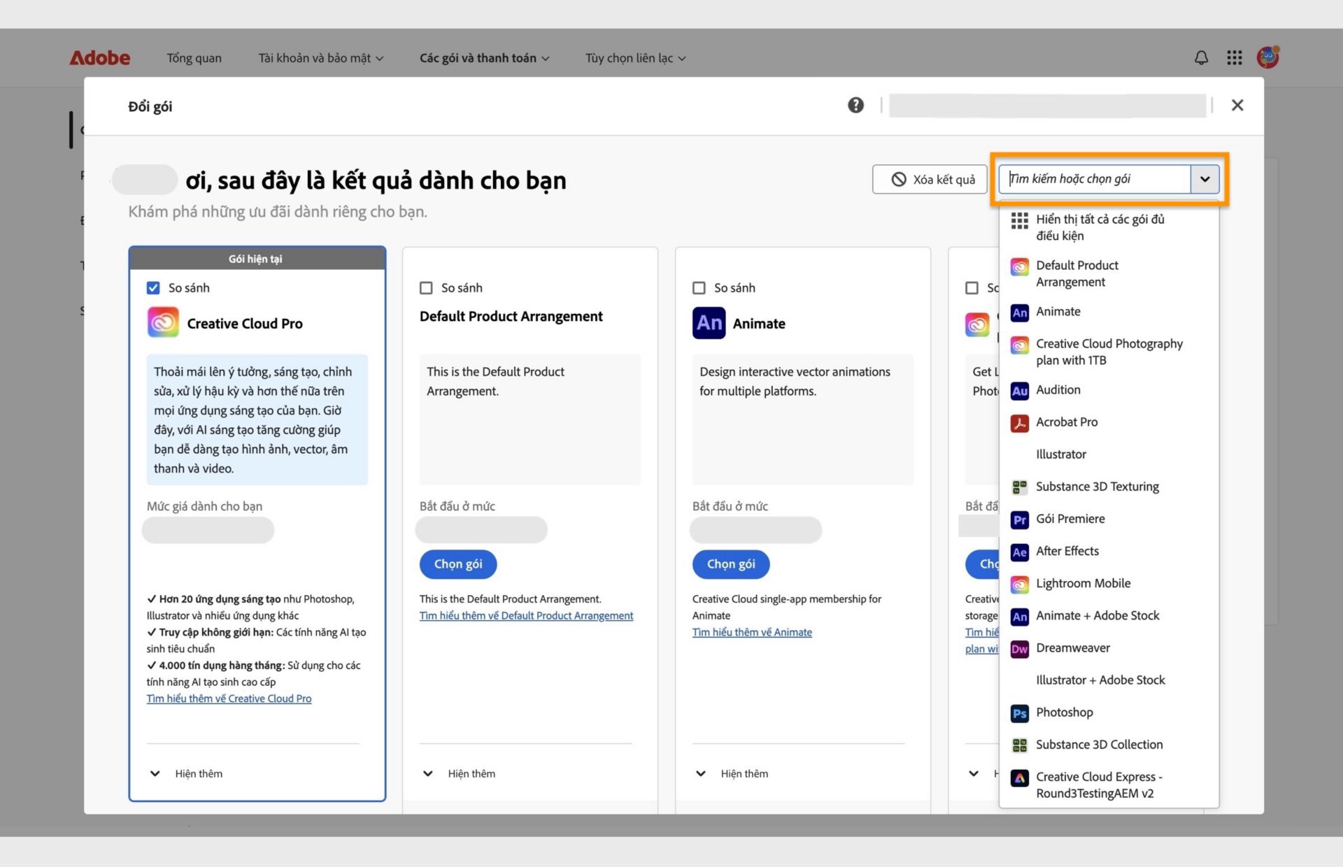 Cửa sổ Đổi gói hiển thị gói hiện tại, một số gói được đề xuất và các tùy chọn để chọn gói, so sánh các gói, hiển thị thêm đề xuất, tìm kiếm gói và chọn gói bằng menu thả xuống. 