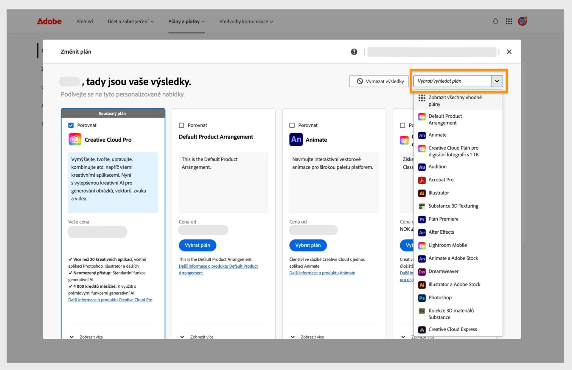 Okno Změna plánu zobrazující aktuální plán, některé doporučené plány a možnosti pro volbu plánu, porovnání plánů, zobrazení dalších doporučení, vyhledání plánu a volbu plánu pomocí rozbalovací nabídky. 
