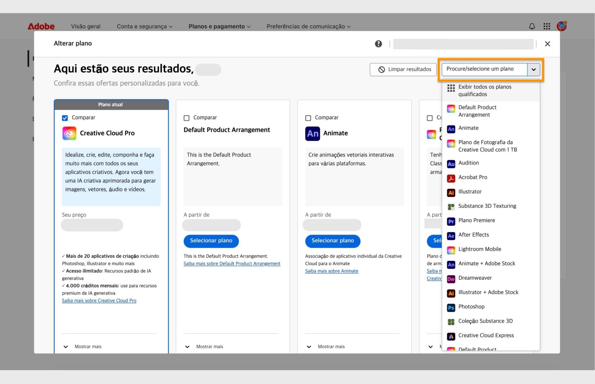 A janela Alterar seu plano mostra o plano atual, alguns planos recomendados e opções para selecionar um plano, comparar planos, mostrar mais recomendações, pesquisar um plano e selecionar um plano usando um menu suspenso. 