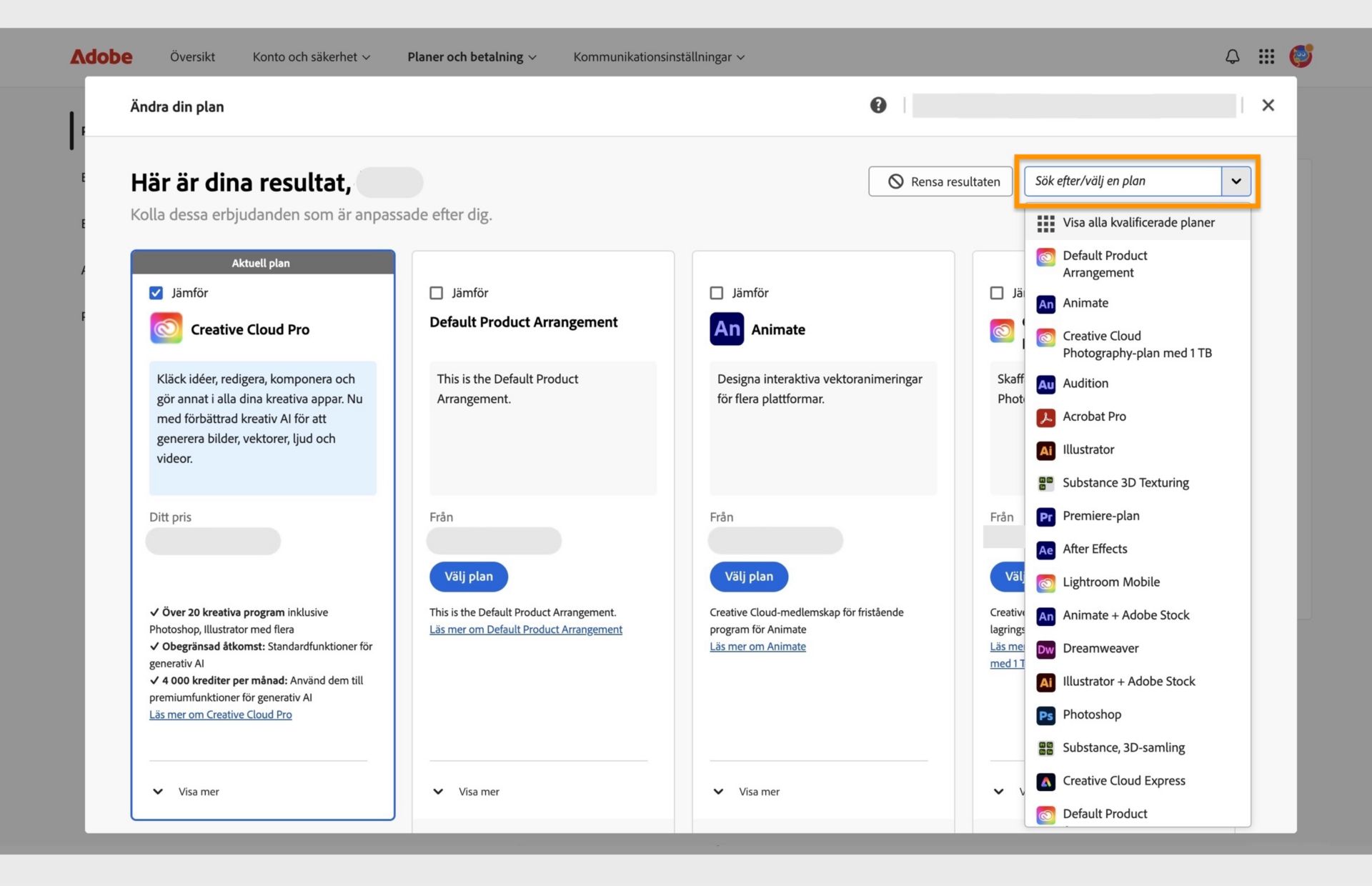 Fönstret Ändra din plan med den aktuella planen, några rekommenderade planer samt alternativ för att välja en plan, jämföra planer, visa fler rekommendationer, söka efter en plan och välja en plan med hjälp av en rullgardinsmeny. 