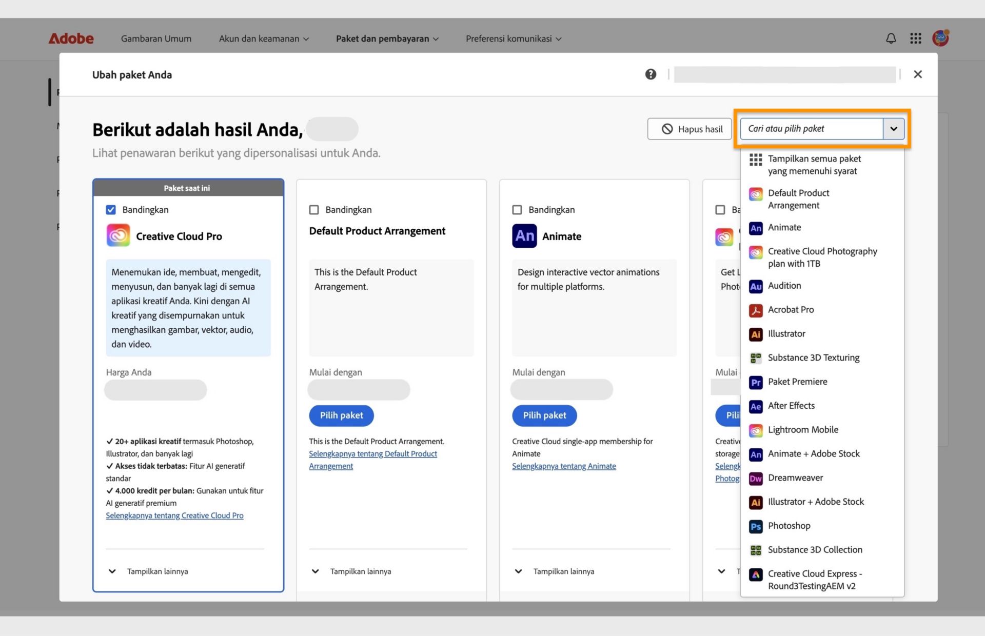Jendela Ubah paket Anda menampilkan paket saat ini, beberapa paket yang direkomendasikan, dan opsi untuk memilih paket, membandingkan paket, menampilkan lebih banyak rekomendasi, mencari paket, dan memilih paket menggunakan menu drop-down. 