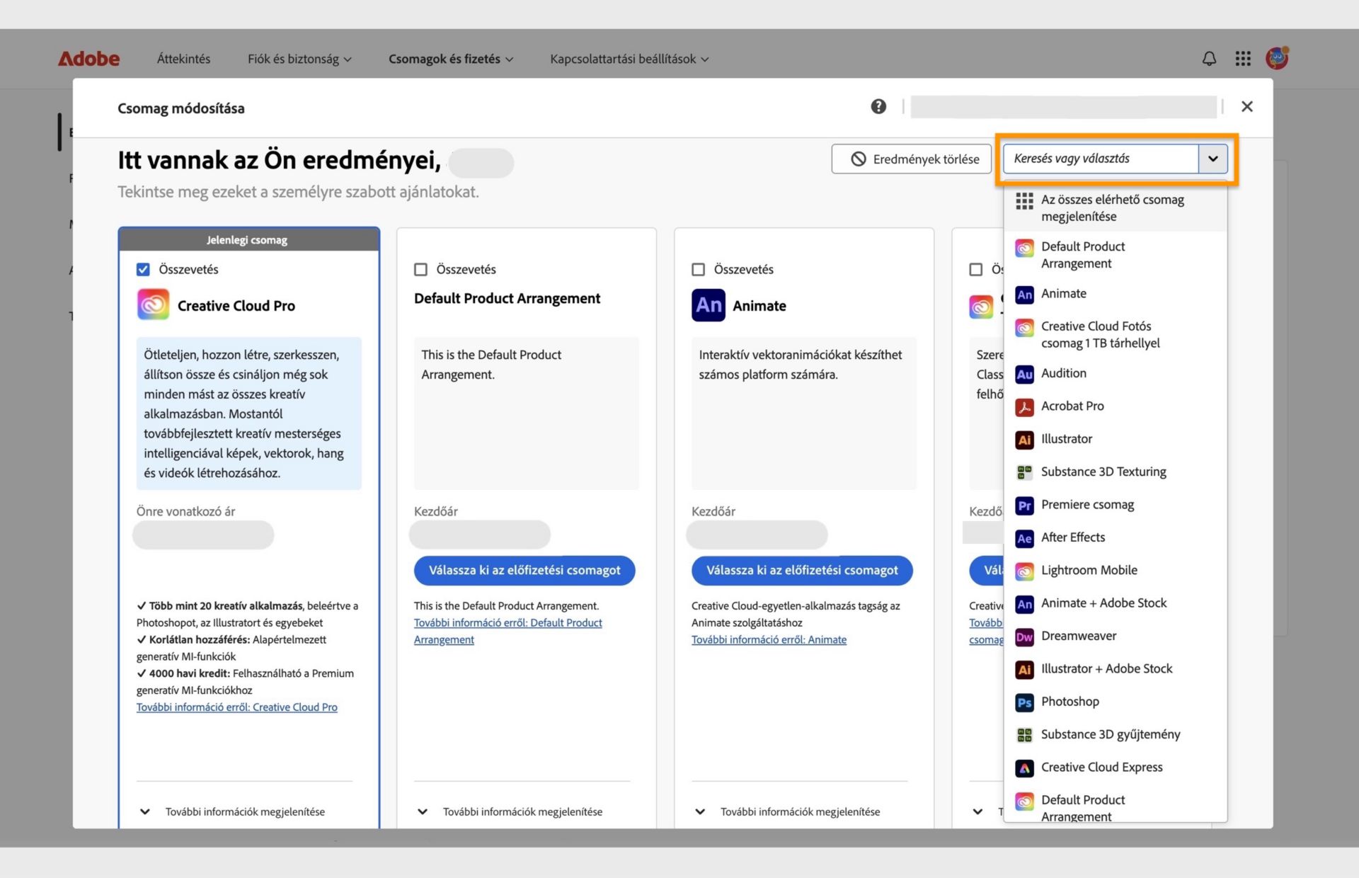 Az Előfizetési csomag módosítása ablak, amely az aktuális előfizetési csomagot, néhány ajánlott tervet, valamint az előfizetési csomag kiválasztásának, az előfizetési csomag összehasonlításának, a további ajánlások megjelenítésének, az előfizetési csomag megkeresésének és az előfizetési csomag kiválasztásának lehetőségeit jeleníti meg egy legördülő menü segítségével. 