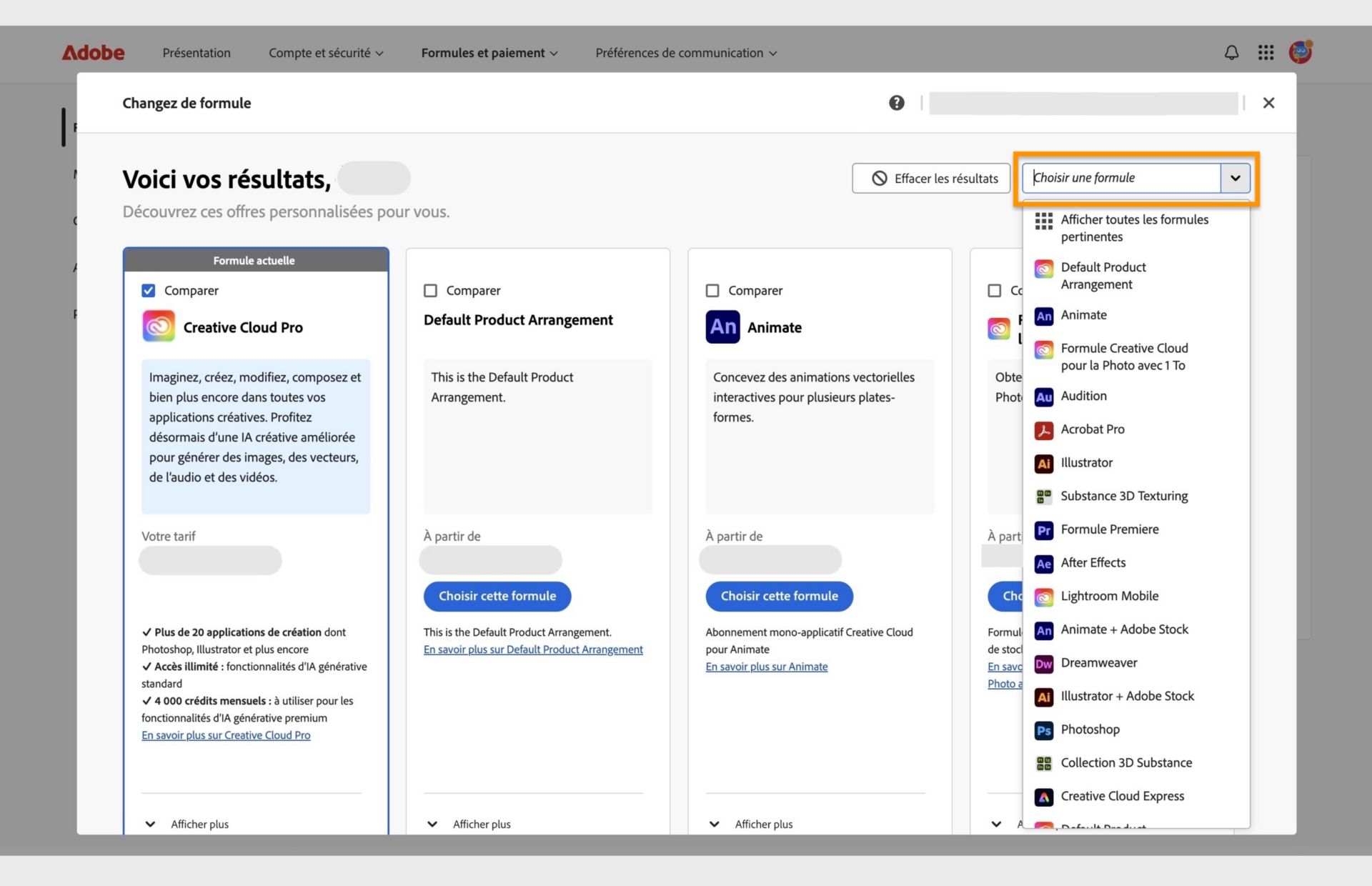 La fenêtre Modifier votre formule affiche la formule en cours, certaines formules recommandées et des options pour sélectionner une formule, comparer des formules, afficher plus de recommandations, rechercher une formule et sélectionner une formule à l’aide d’un menu déroulant. 
