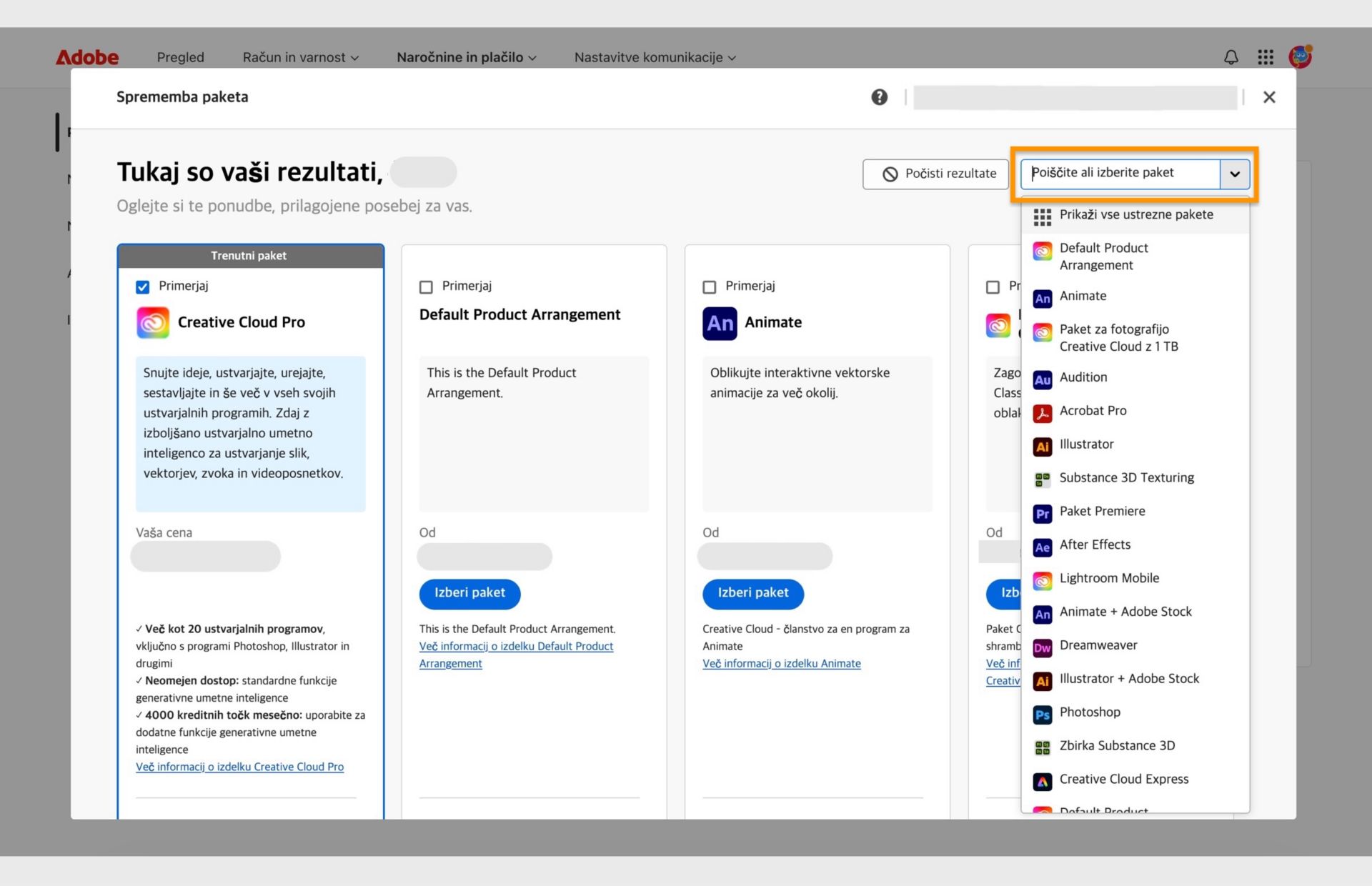 Okno za zamenjava paketa, ki prikazuje trenutni paket, nekaj priporočenih paketov in možnosti za izbiro paketa, primerjavo paketov, prikaz več priporočil, iskanje paketa in izbiro paketa s spustnim menijem. 