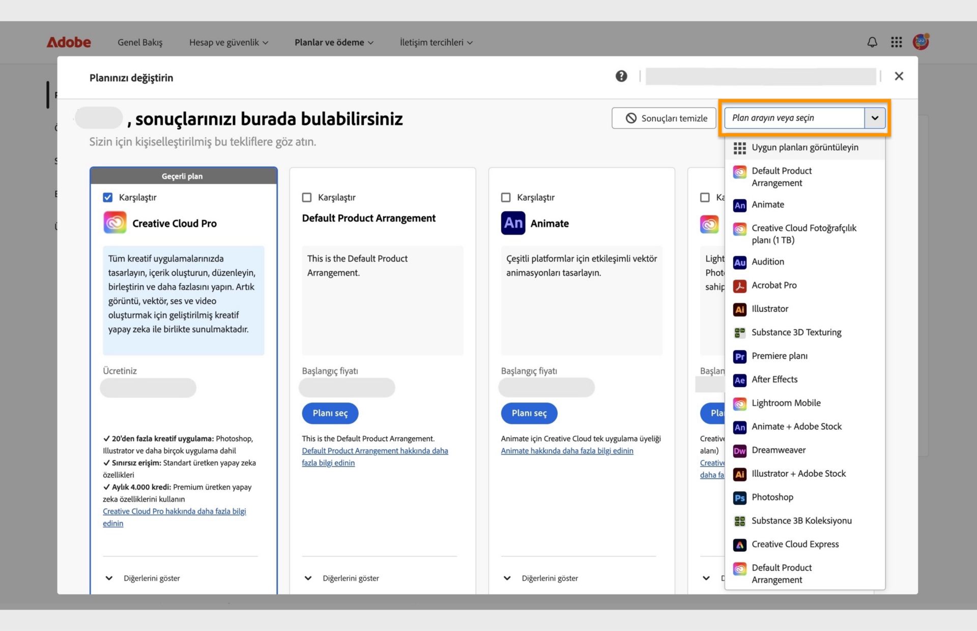 Geçerli planı, önerilen bazı planları ve plan seçme, planları karşılaştırma, diğer önerileri gösterme, plan arama ve bir açılır menü kullanarak plan seçme seçeneklerinin gösterildiği Planınızı değiştirin penceresi. 