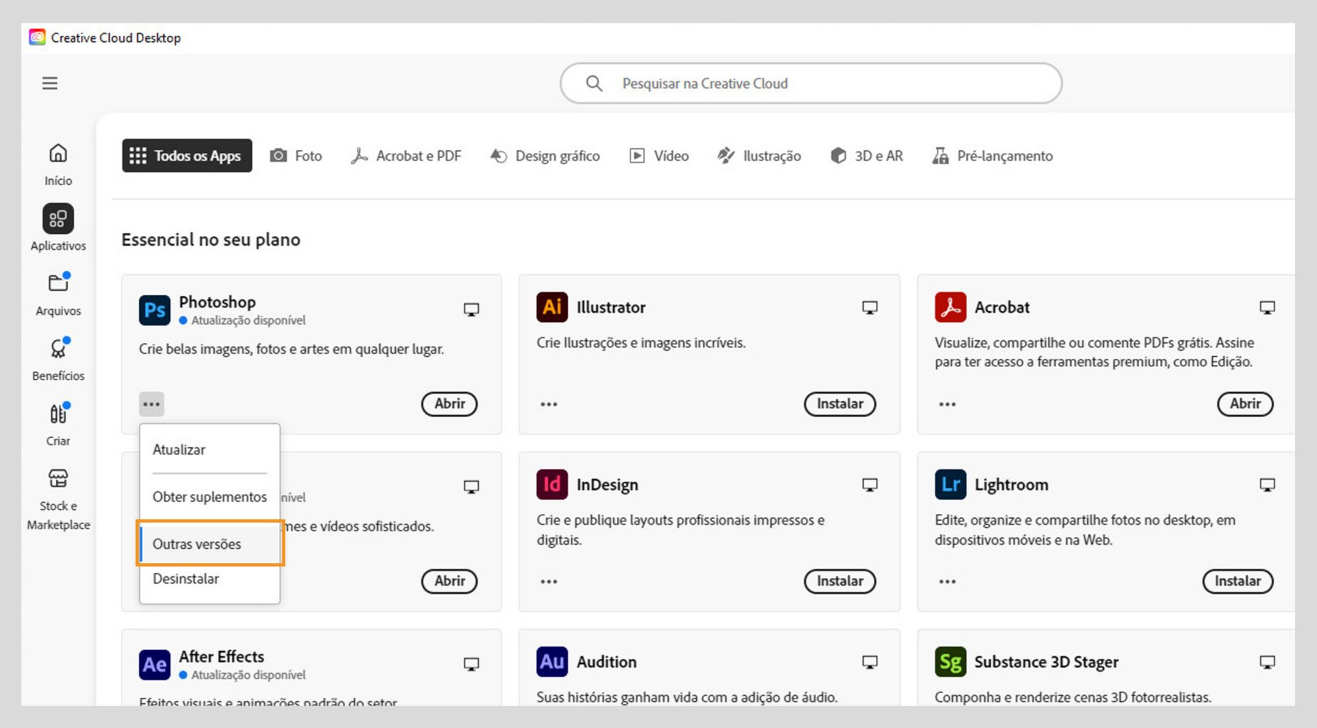 O menu Mais ações oferece a opção de instalar versões anteriores de um aplicativo. Você pode instalar as versões anteriores disponíveis de qualquer aplicativo da Creative Cloud. 