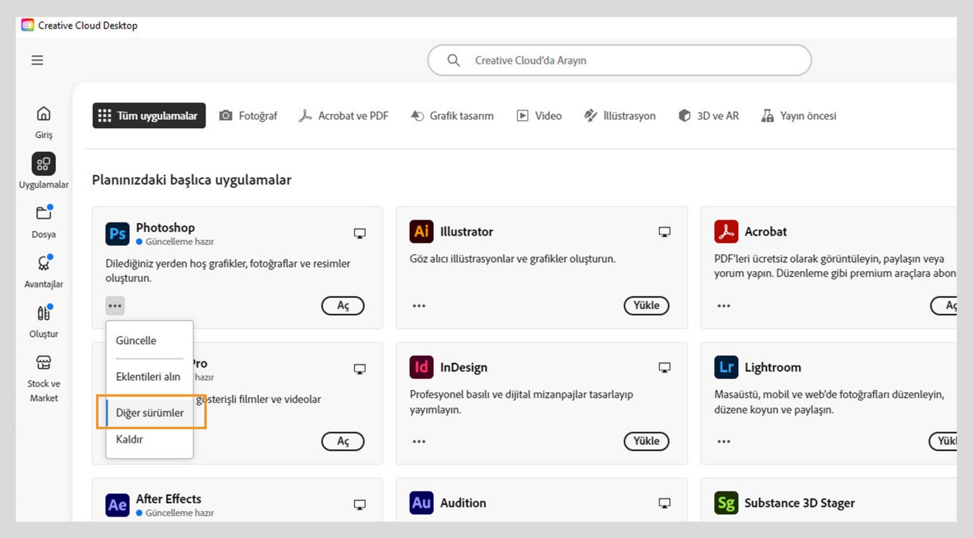 Diğer işlemler menüsü, bir uygulamanın eski sürümlerini yükleme seçeneği sunar. Herhangi bir Creative Cloud uygulamasının mevcut eski sürümlerini yükleyebilirsiniz. 