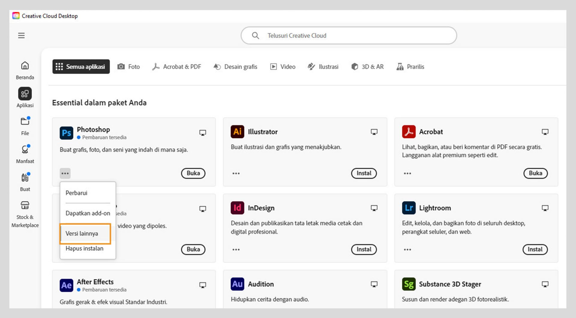 Menu Tindakan lainnya menyediakan opsi untuk menginstal versi lama dari suatu aplikasi. Anda dapat menginstal versi lama yang tersedia dari aplikasi Creative Cloud mana pun. 