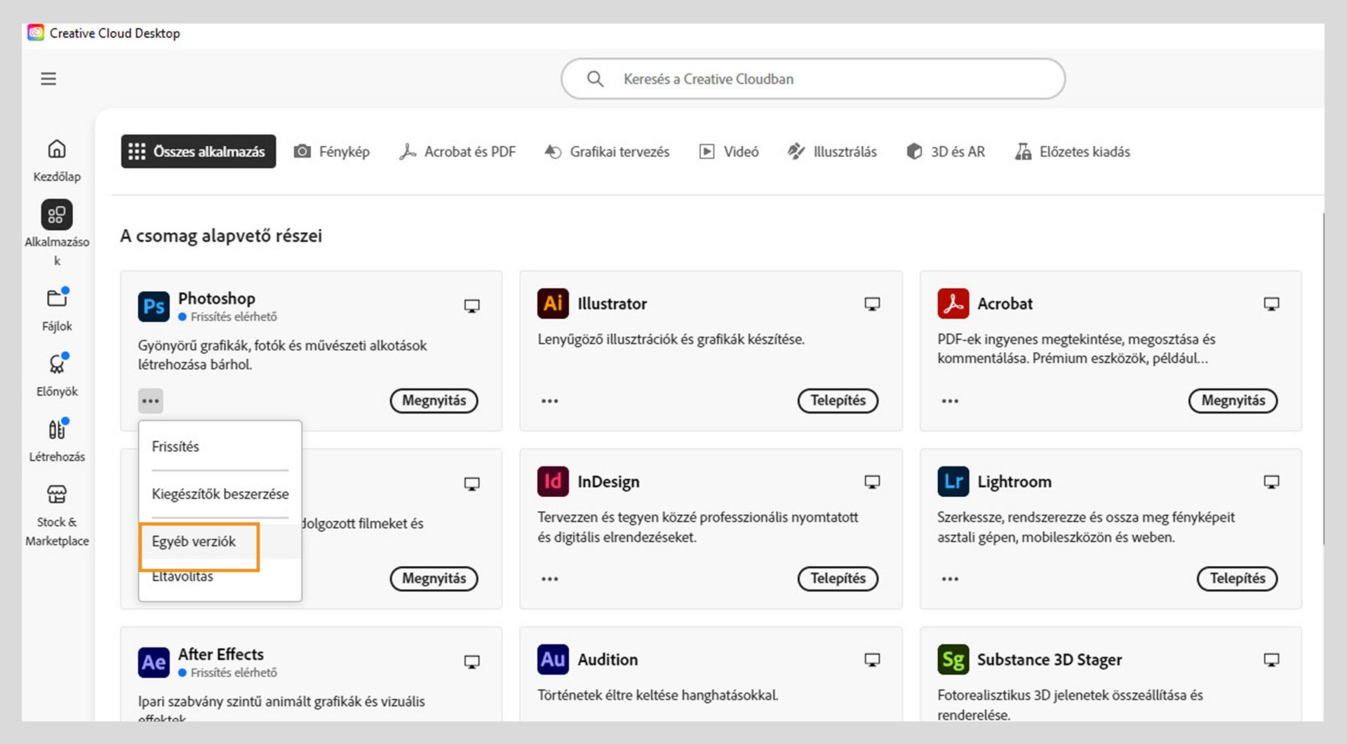 A További műveletek menü lehetőséget kínál egy alkalmazás régebbi verzióinak telepítésére. Bármely Creative Cloud alkalmazás elérhető régebbi verzióit telepítheti. 