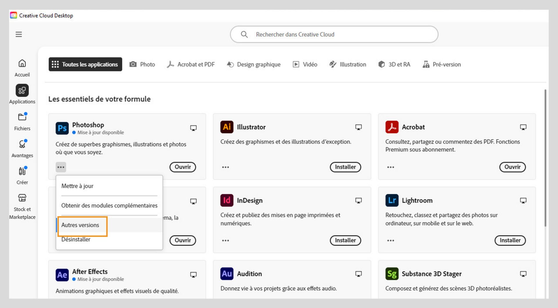 Le menu Plus d'actions offre la possibilité d'installer des versions antérieures d'une application. Vous pouvez installer les versions antérieures disponibles de n'importe quelle application Creative Cloud. 