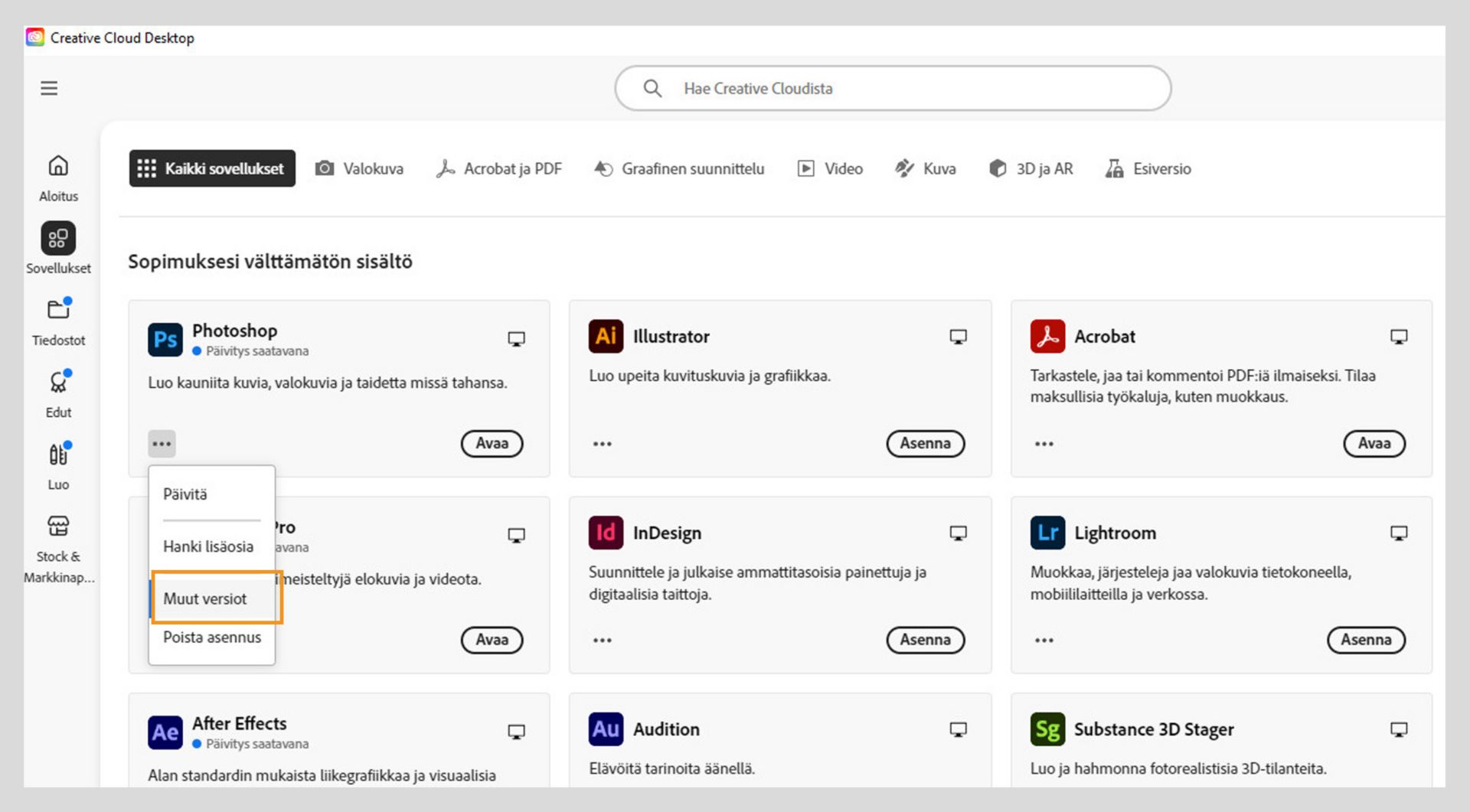 Lisätoiminnot-valikko tarjoaa mahdollisuuden asentaa sovelluksen vanhempia versioita. Voit asentaa minkä tahansa Creative Cloud -sovelluksen saatavilla olevia vanhempia versioita. 