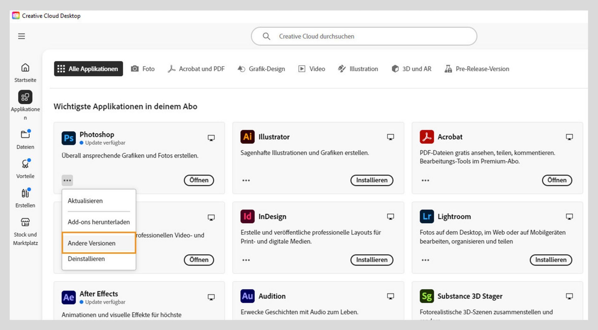 Das Menü „Weitere Aktionen“ bietet die Möglichkeit, ältere Versionen einer Anwendung zu installieren. Du kannst die verfügbaren älteren Versionen jeder Creative Cloud-Anwendung installieren. 