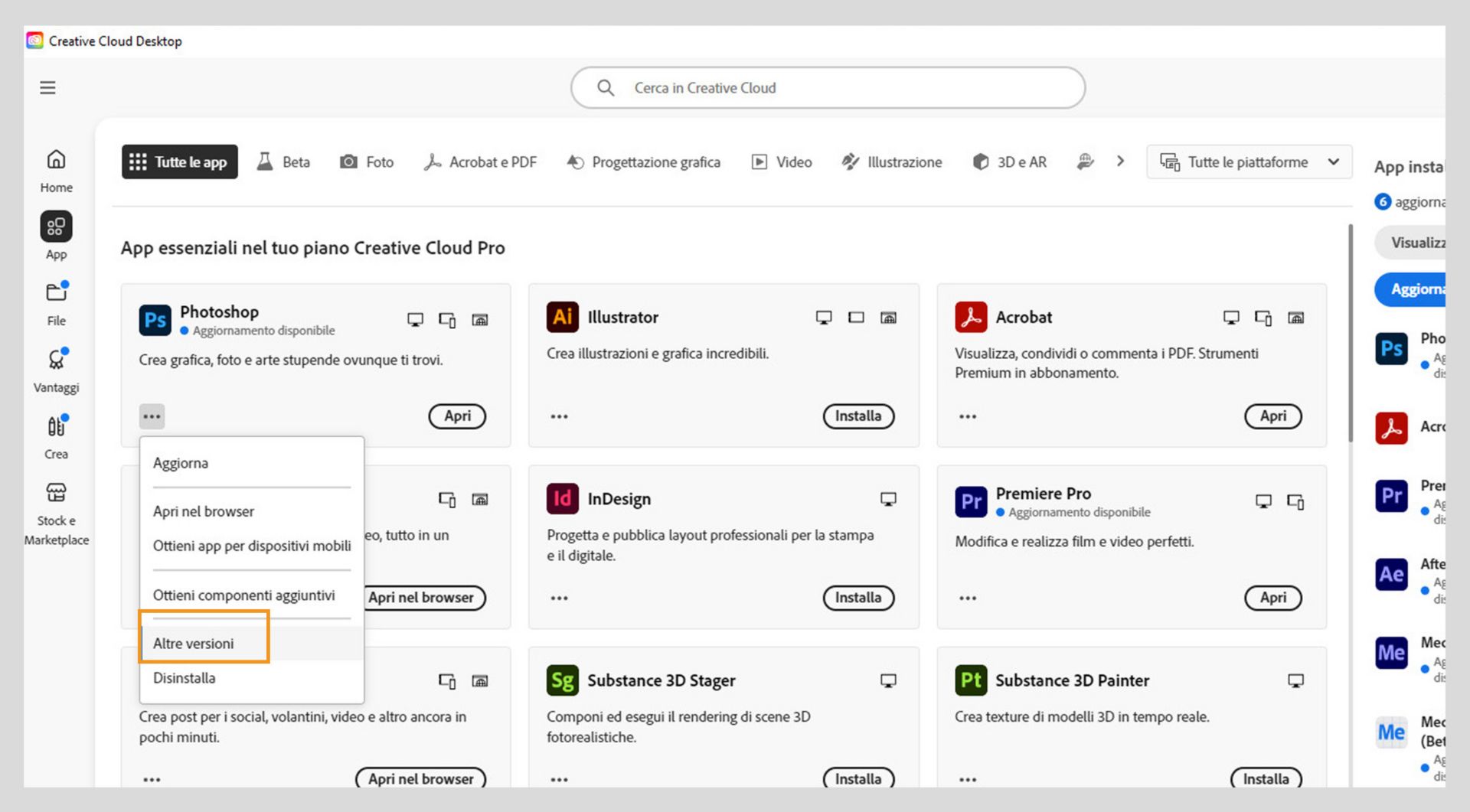 Il menu Altre azioni offre l'opzione di installare le versioni precedenti di un'applicazione. È possibile installare le versioni precedenti disponibili di qualsiasi applicazione Creative Cloud. 