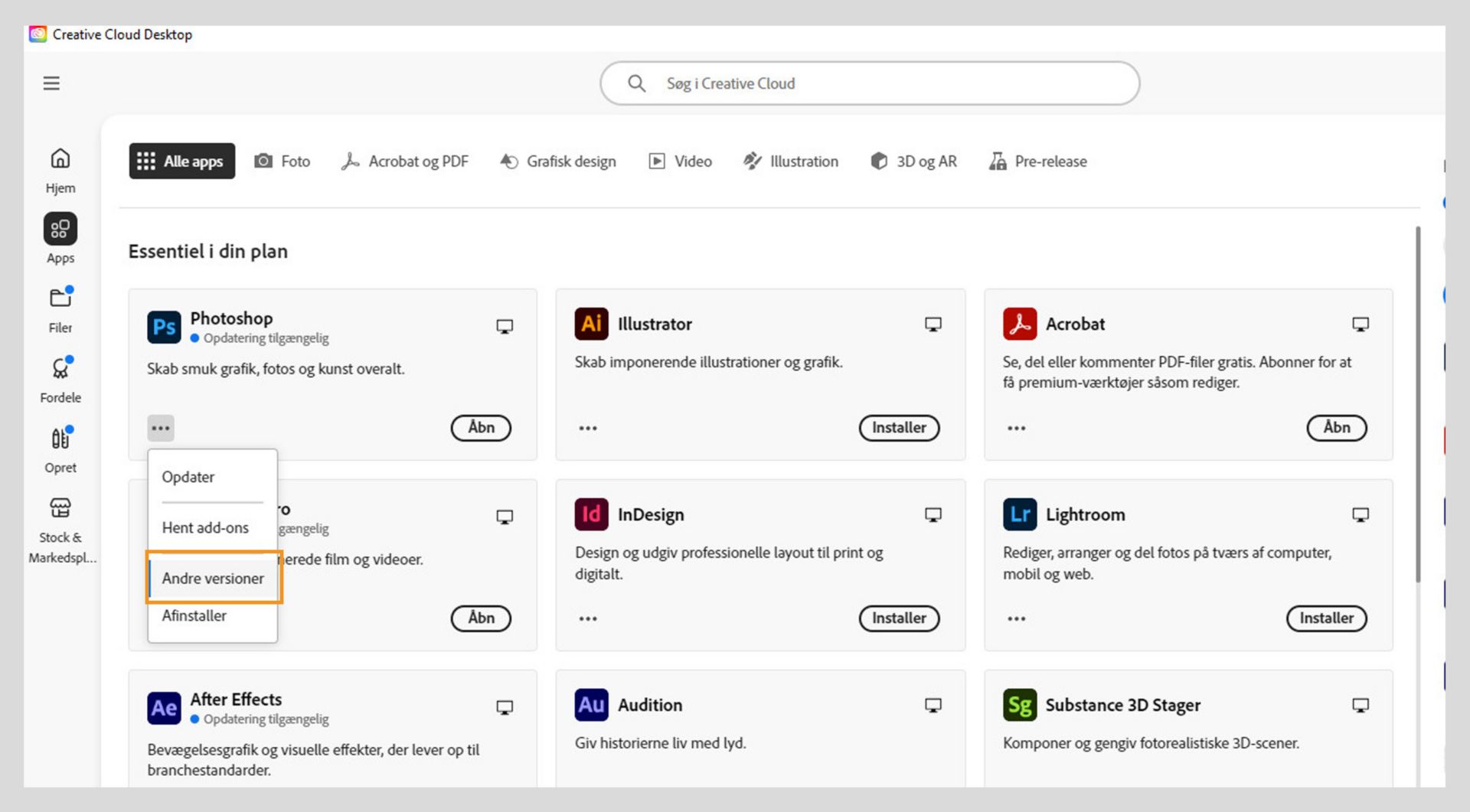 Menuen Flere handlinger giver mulighed for at installere ældre versioner af en app. Du kan installere de tilgængelige ældre versioner af enhver Creative Cloud-app. 