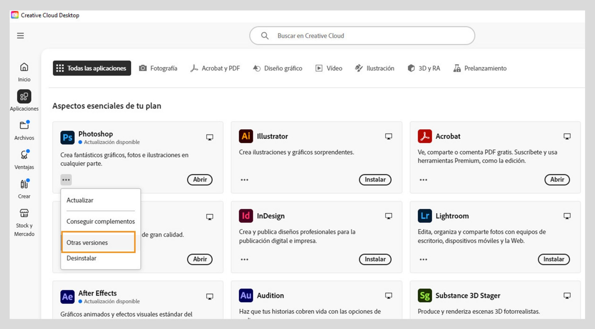 El menú Más acciones proporciona la opción de instalar versiones anteriores de una aplicación. Puede instalar las versiones anteriores disponibles de cualquier aplicación de Creative Cloud. 