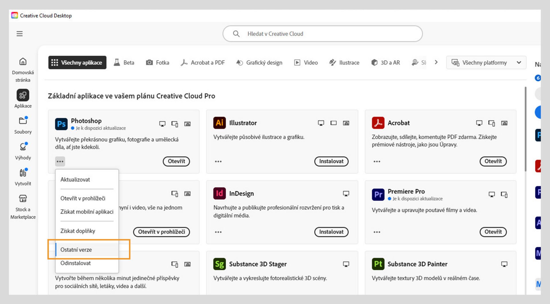 Nabídka Další akce poskytuje možnost instalace starších verzí aplikace. Můžete nainstalovat dostupné starší verze jakékoli aplikace Creative Cloud. 