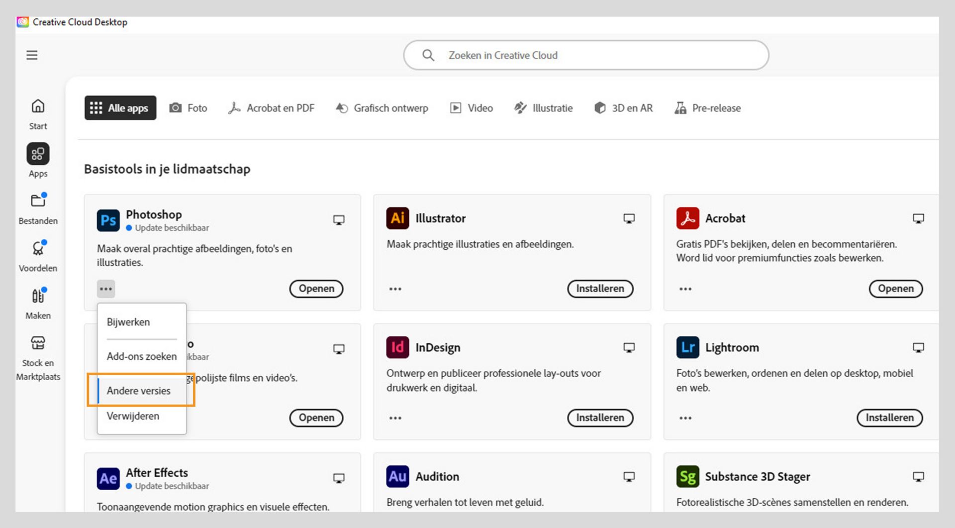 Het menu Meer acties biedt de optie om eerdere versies van een app te installeren. U kunt de beschikbare eerdere versies van elke Creative Cloud-app installeren. 