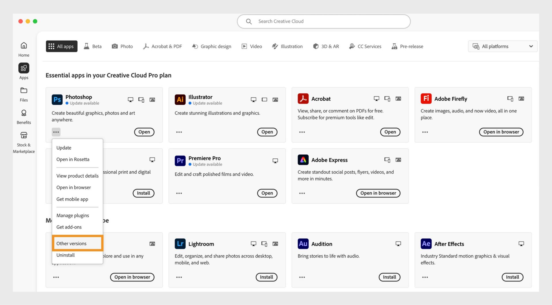 The More actions menu provides the option to install older versions of an app. You can install the available older versions of any Creative Cloud app. 