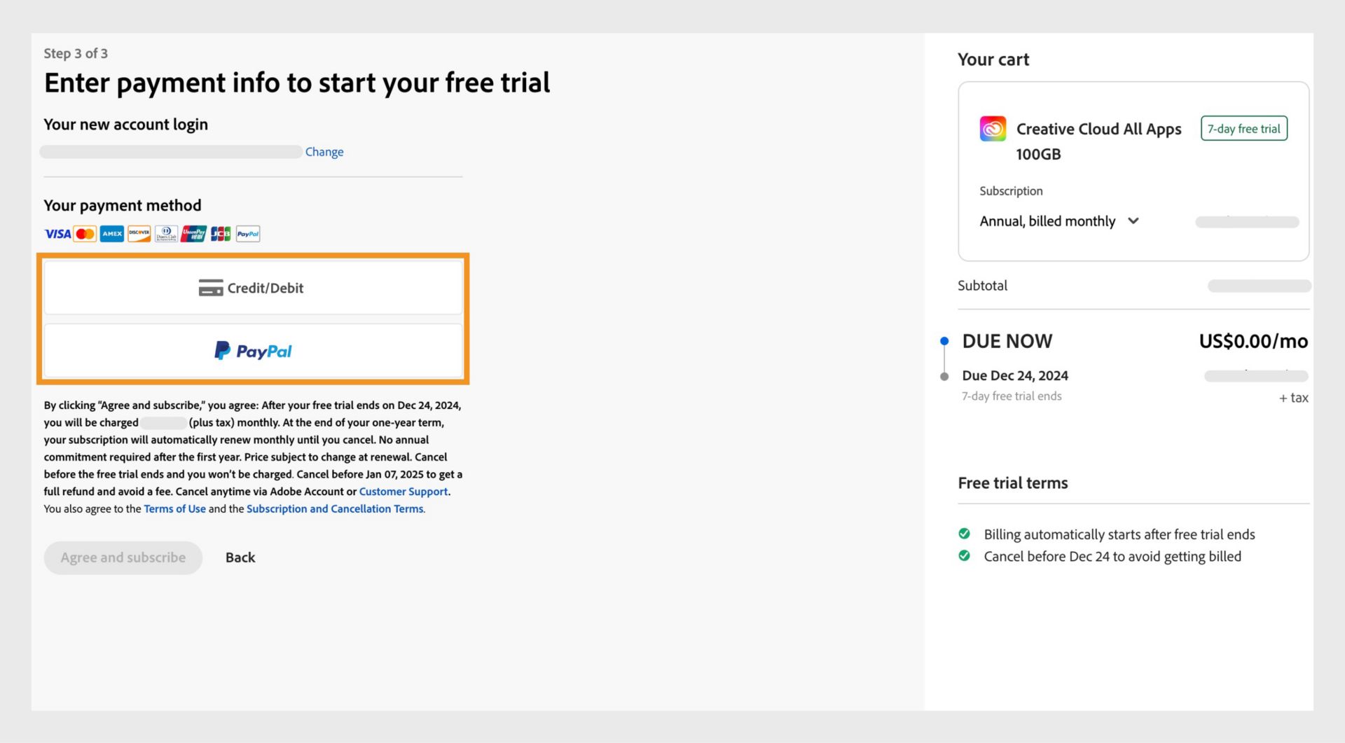 The Payments page showing your plan details, payment options, email address, and option to go back. 