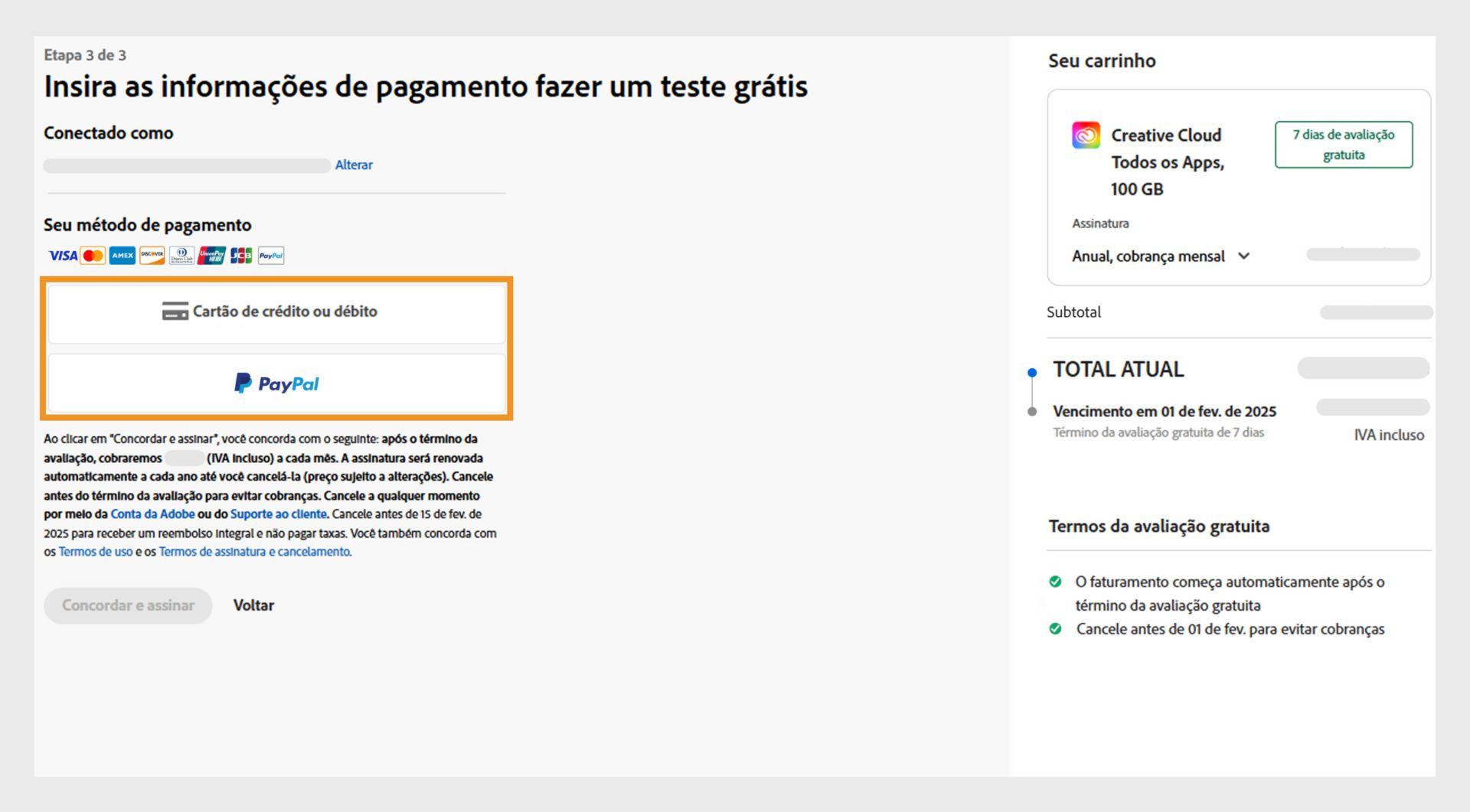 A página Pagamentos mostra os detalhes do seu plano, opções de pagamento, endereço de email e opção de voltar. 