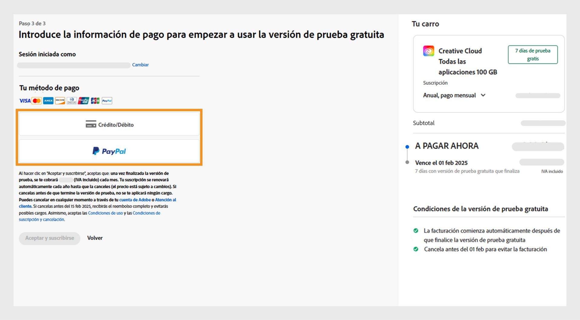 La página Pagos con los detalles del plan, las opciones de pago, la dirección de correo electrónico y la opción para volver. 