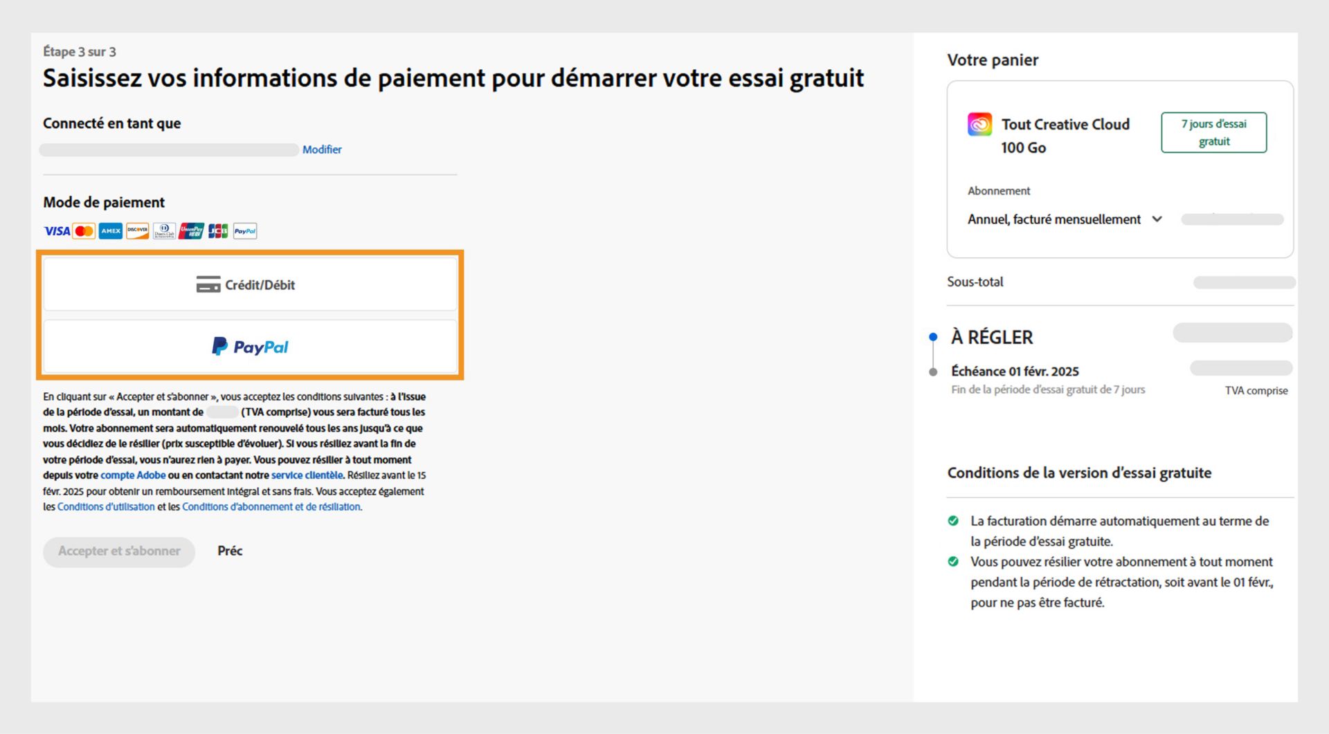 La page Paiements affichant les détails de votre formule, les options de paiement, votre adresse e-mail et la possibilité de revenir en arrière. 