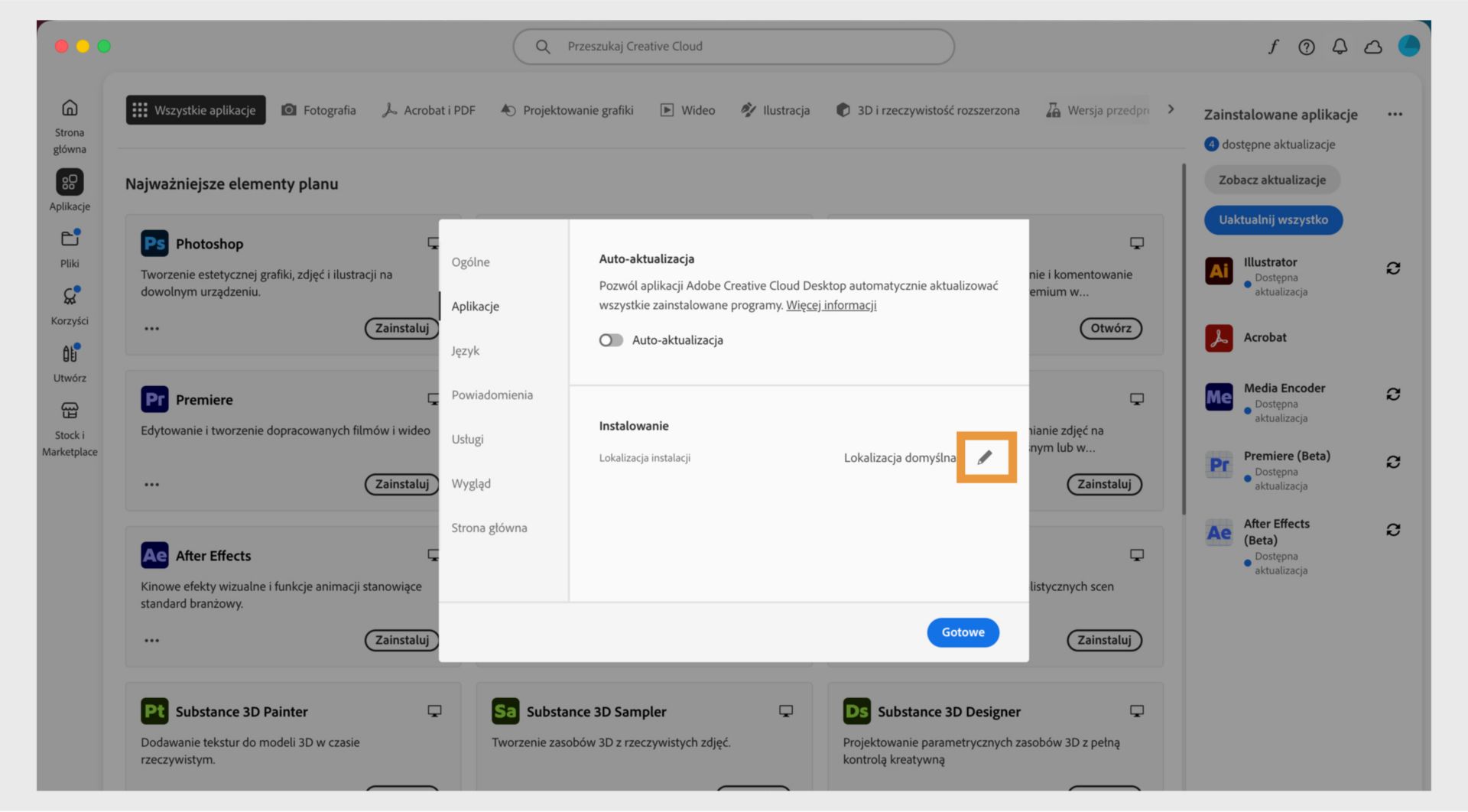Panel preferencji Adobe Creative Cloud otwarty na karcie „Aplikacje", z wyróżnioną sekcją „Instalowanie", gdzie użytkownicy mogą ustawić domyślną lokalizację instalacji.