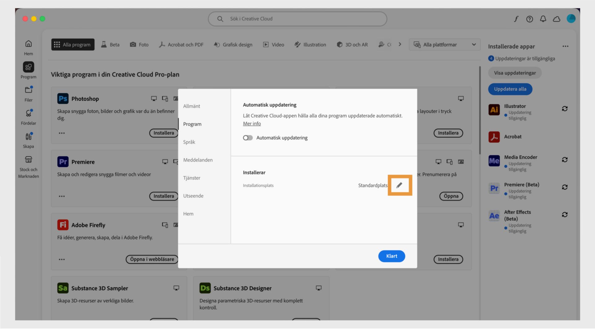 Adobe Creative Cloud inställningspanel öppen på fliken Appar, med avsnittet Installerar markerat där användare kan ställa in standardinstallationsplatsen.