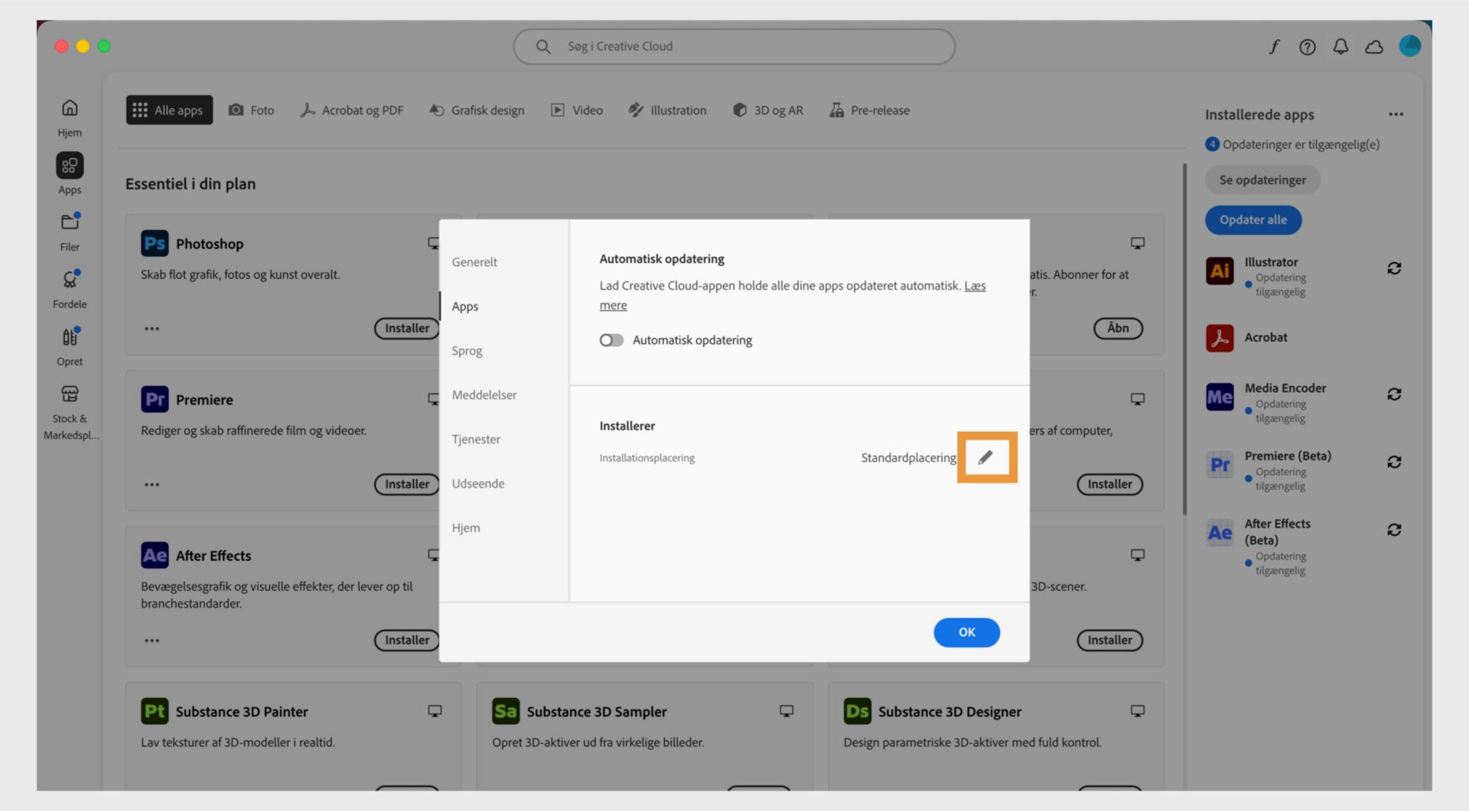 Panelet Præferencer, der er åbent i Adobe Creative Cloud på fanen "Apps" og fremhæver sektionen "Installerer", hvor brugere kan indstille standardinstallationsplaceringen.