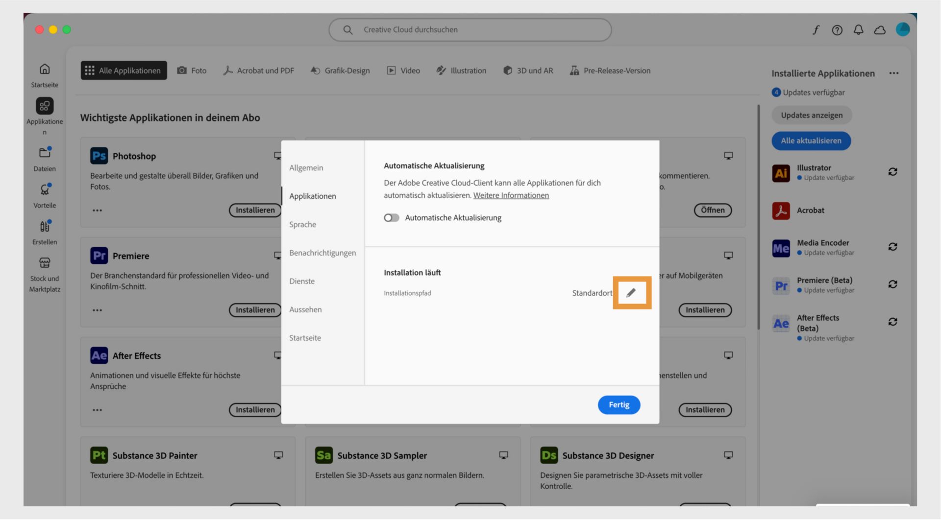 Das Einstellungsfenster von Adobe Creative Cloud öffnet sich auf der Registerkarte „Apps“ und hebt den Abschnitt „Installieren“ hervor, in dem der Benutzer den Standardinstallationsort festlegen kann.
