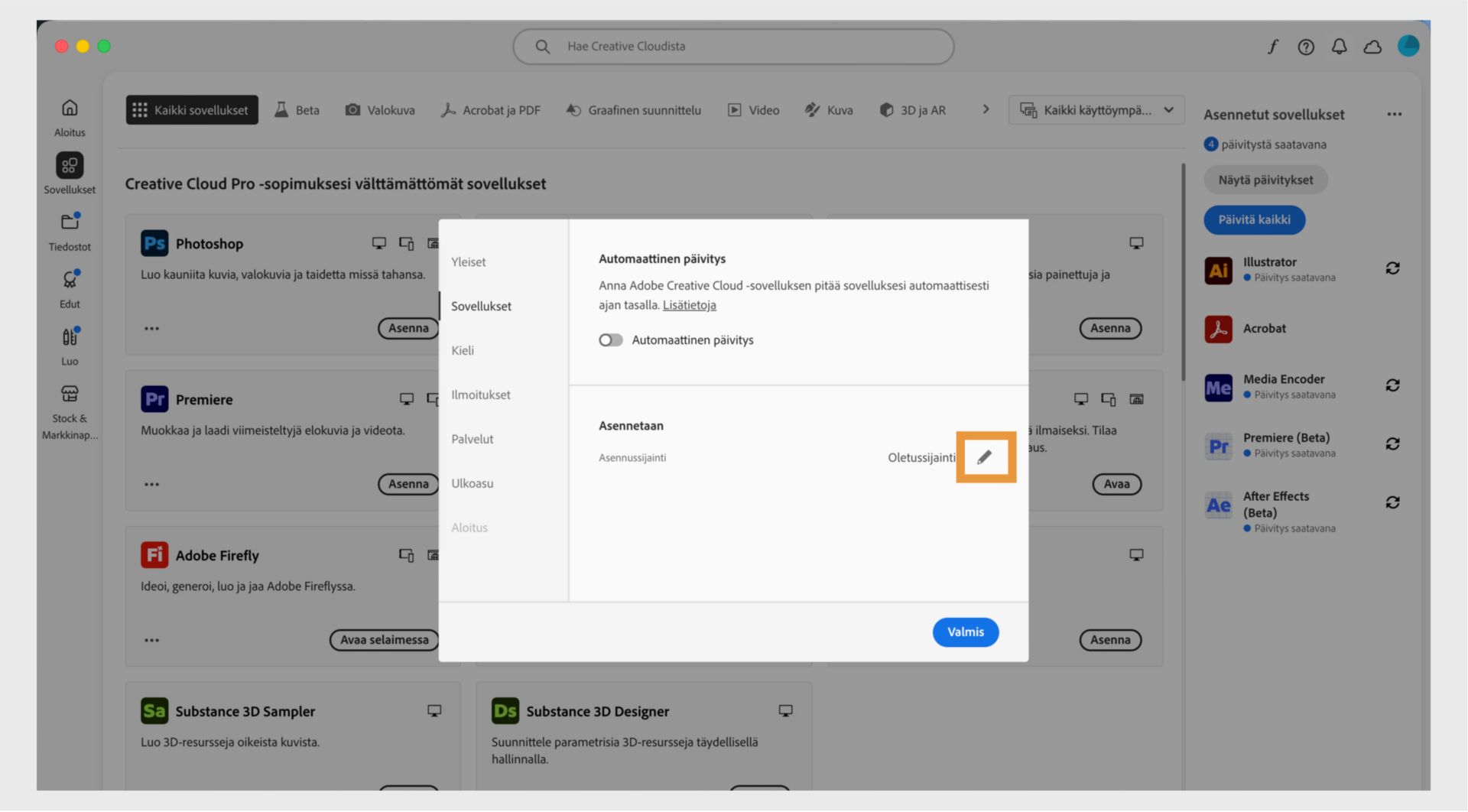 Adobe Creative Cloud -asetusten paneeli auki ”Sovellukset”-välilehdellä, jossa on korostettuna ”Asennetaan”-osio, jossa käyttäjät voivat asettaa oletusasennussijainnin.