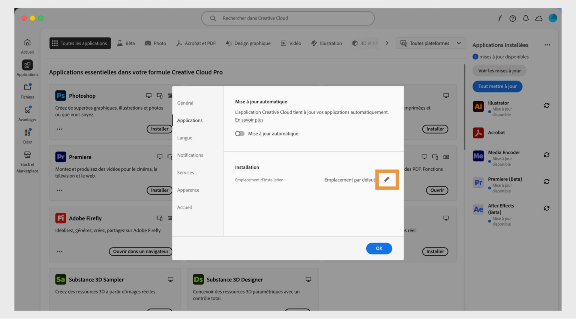 Panneau des préférences d'Adobe Creative Cloud ouvert sur l'onglet « Applis », mettant en évidence la section « Installation » où les utilisateurs peuvent définir l'emplacement d'installation par défaut.