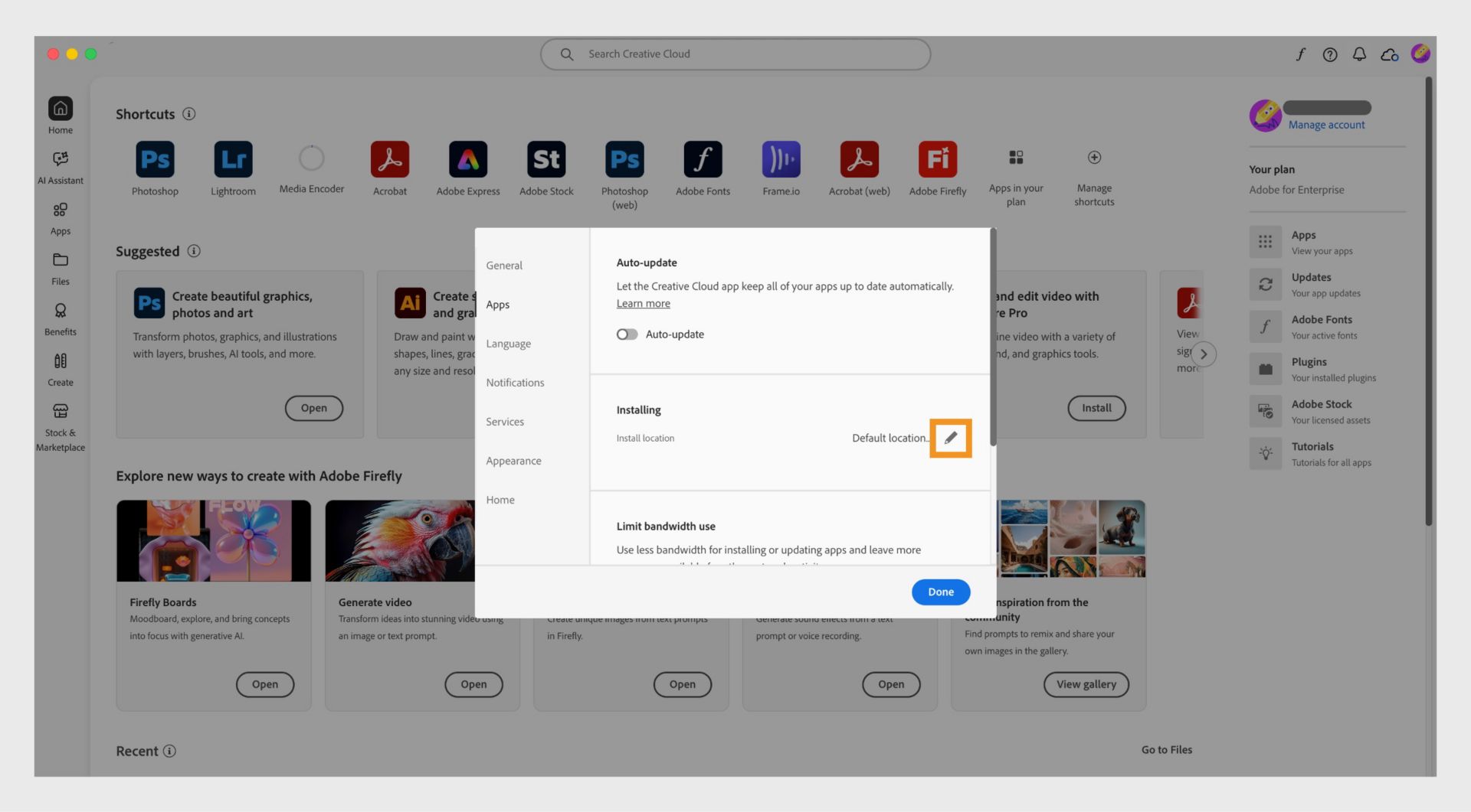 „Adobe Creative Cloud“ nuostatų sritis atidaryta skirtuke „Programos“, paryškinant skyrių „Diegiama“, kur naudotojai gali nustatyti numatytąją diegimo vietą.