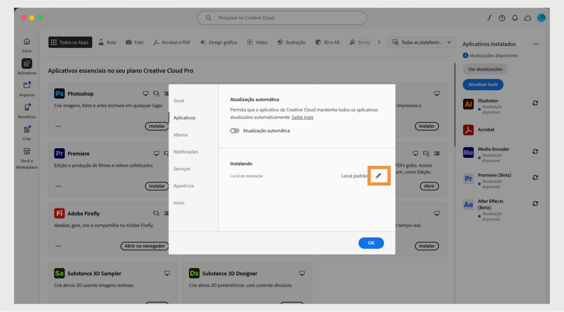 Painel de preferências da Adobe Creative Cloud aberto na guia “Aplicativos”, realçando a seção “Instalando”, onde os usuários podem definir o local de instalação padrão.