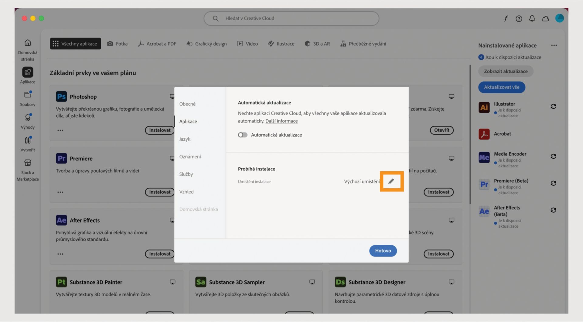 Panel předvoleb Adobe Creative Cloud otevřený na kartě Aplikace, zvýrazňující sekci Instalace, kde uživatelé mohou nastavit výchozí umístění instalace.