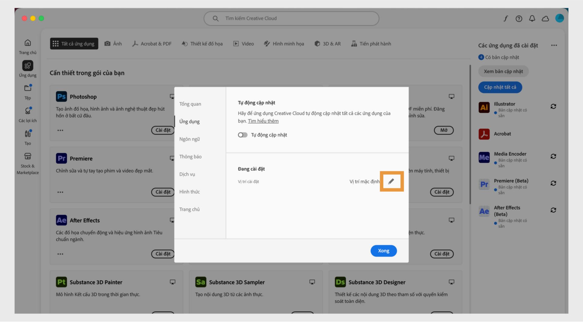 Bảng lựa chọn ưu tiên về Adobe Creative Cloud mở trên tab "Ứng dụng", làm nổi bật phần "Đang cài đặt" nơi người dùng có thể thiết lập vị trí cài đặt mặc định.