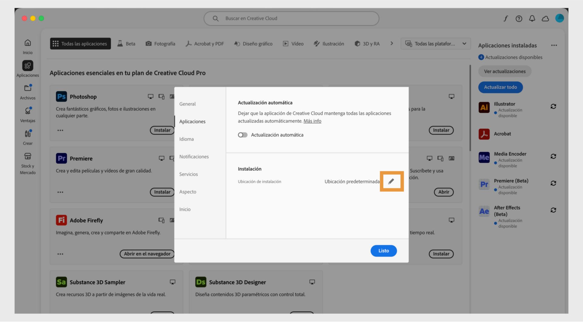 Panel de preferencias de Adobe Creative Cloud abierto en la pestaña "Aplicaciones", resaltando la sección "Instalación" donde los usuarios pueden establecer la ubicación de instalación predeterminada.