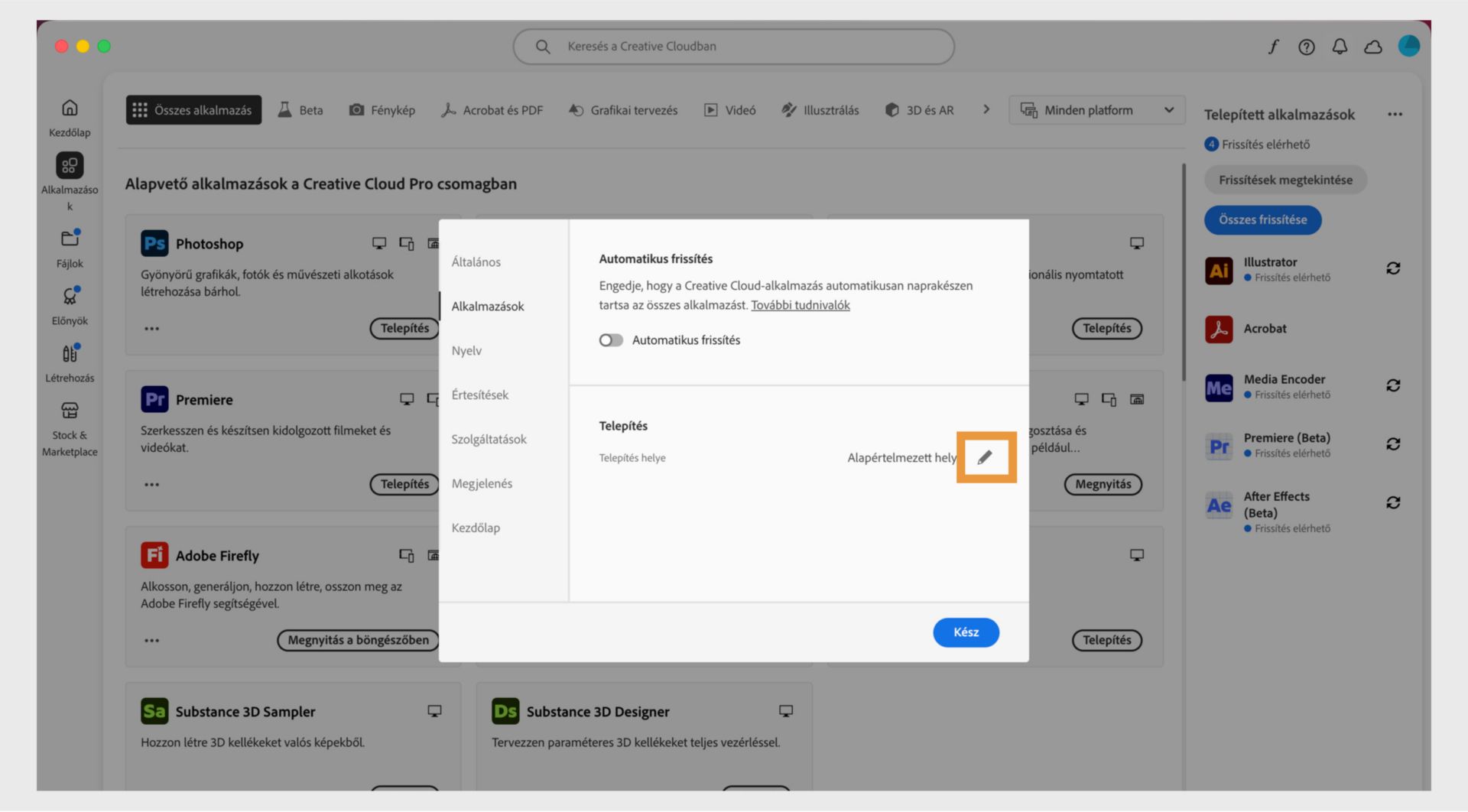 Az Adobe Creative Cloud beállítások panel megnyitva az „Alkalmazások" fülön, kiemelve a „Telepítés" részt, ahol a felhasználók beállíthatják az alapértelmezett telepítési helyet.