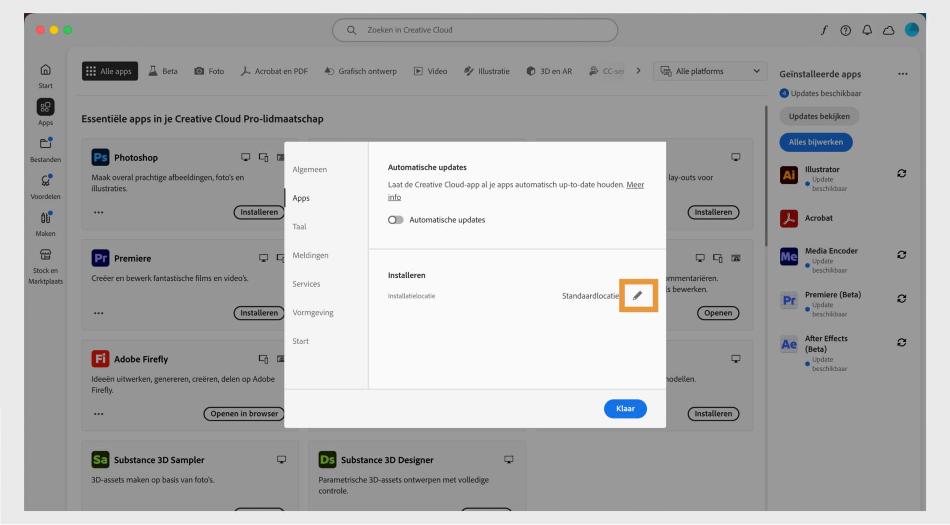 Het deelvenster Voorkeuren van Adobe Creative Cloud is geopend op het tabblad Apps met de sectie Installeren gemarkeerd, waar gebruikers de standaard installatielocatie kunnen instellen.