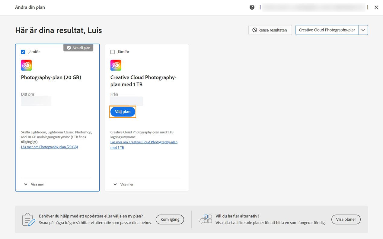 Välj den plan du föredrar och gå vidare och ändra planen