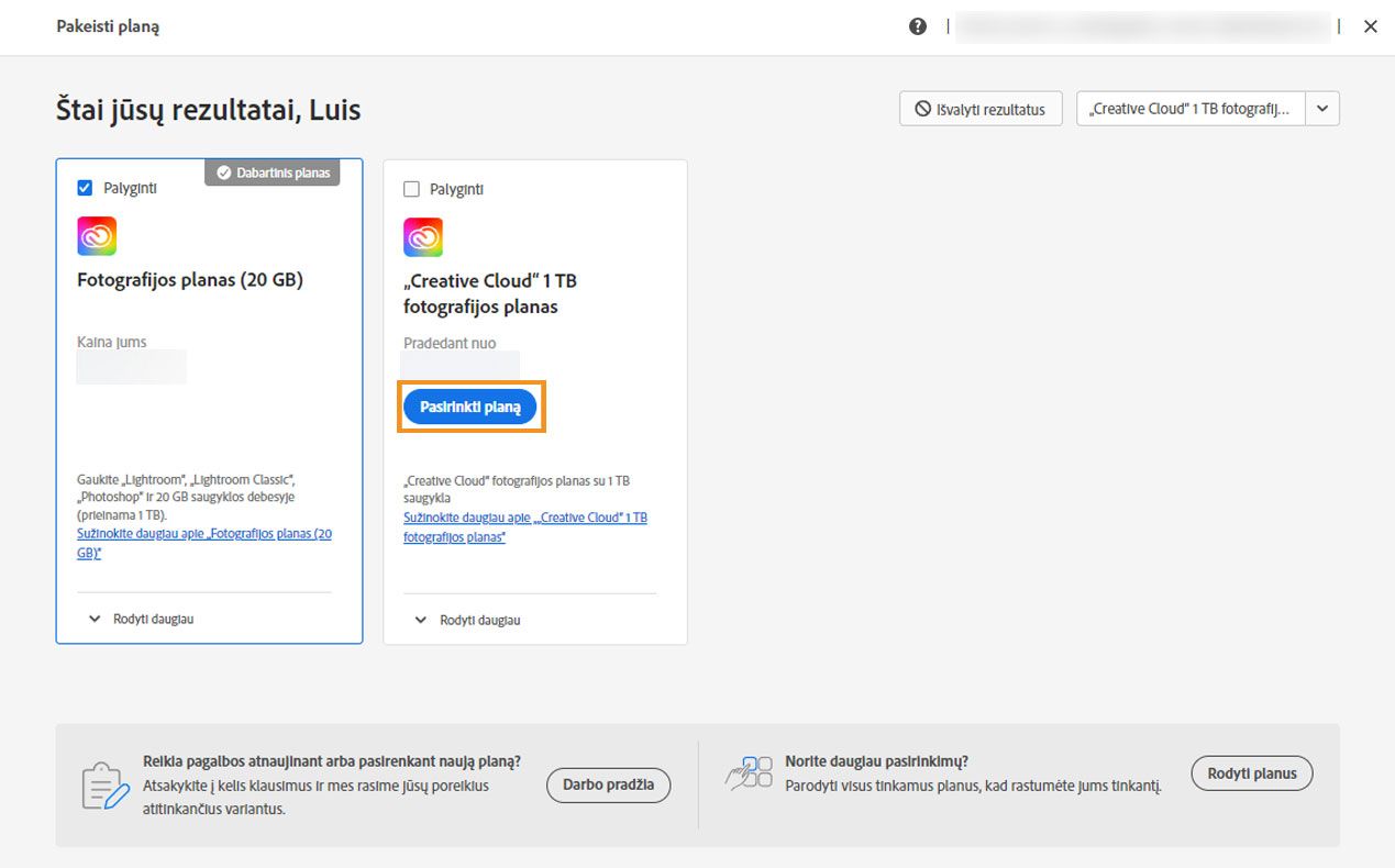 Pasirinkite pageidaujamą planą ir pakeiskite planą