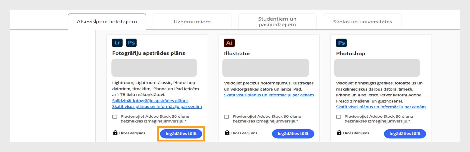 Creative Cloud plānu lapa, kurā ir norādīti visi plāni, kurus var iegādāties, un cilnes, lai pārslēgtos starp individuālajiem, uzņēmējdarbības, studentu un skolotāju, kā arī studentu un augstskolu plāniem.