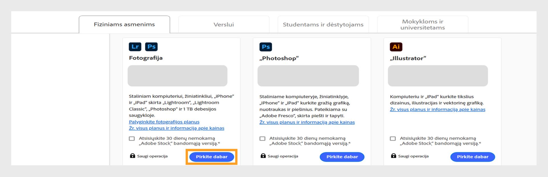 „Creative Cloud“ planų puslapis, kuriame rodomi visi parduodami planai ir skirtukai, kuriuose galima perjungti individualius, verslui, studentams ir dėstytojams, taip pat studentams ir universitetams skirtus planus. 