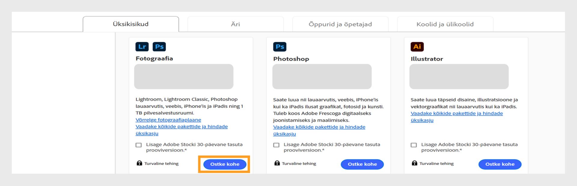 Creative Cloudi plaanide lehekülg, mis näitab kõiki ostetavaid plaane ning vahekaarte, mille abil saab vahetada individuaalsete, ettevõtete, õppurite ja õpetajate ning üliõpilaste ja ülikoolide plaanide vahel. 