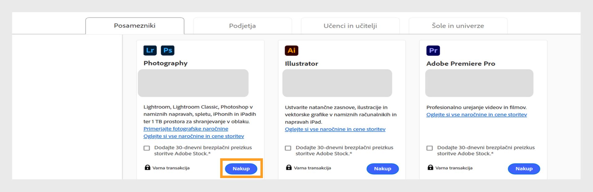 Stran »Paketi Creative Cloud« prikazuje vse pakete, na voljo za nakup, in zavihke za preklapljanje med paketi za posameznike, poslovnimi paketi, paketi za dijake/študente in učitelje ter paketi za študente in univerze. 