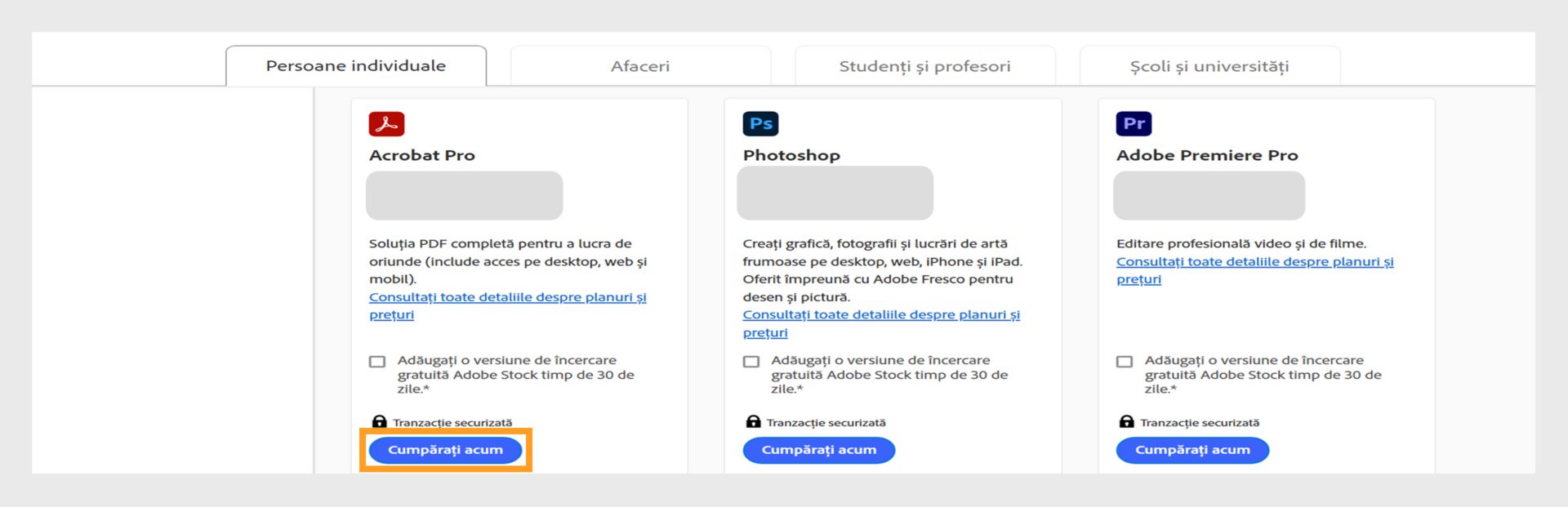 Pagina de planuri Creative Cloud afișează toate planurile de achiziție și filele pentru comutare între planurile Individual, Business, Studenți și profesori și Studenți și universități.
